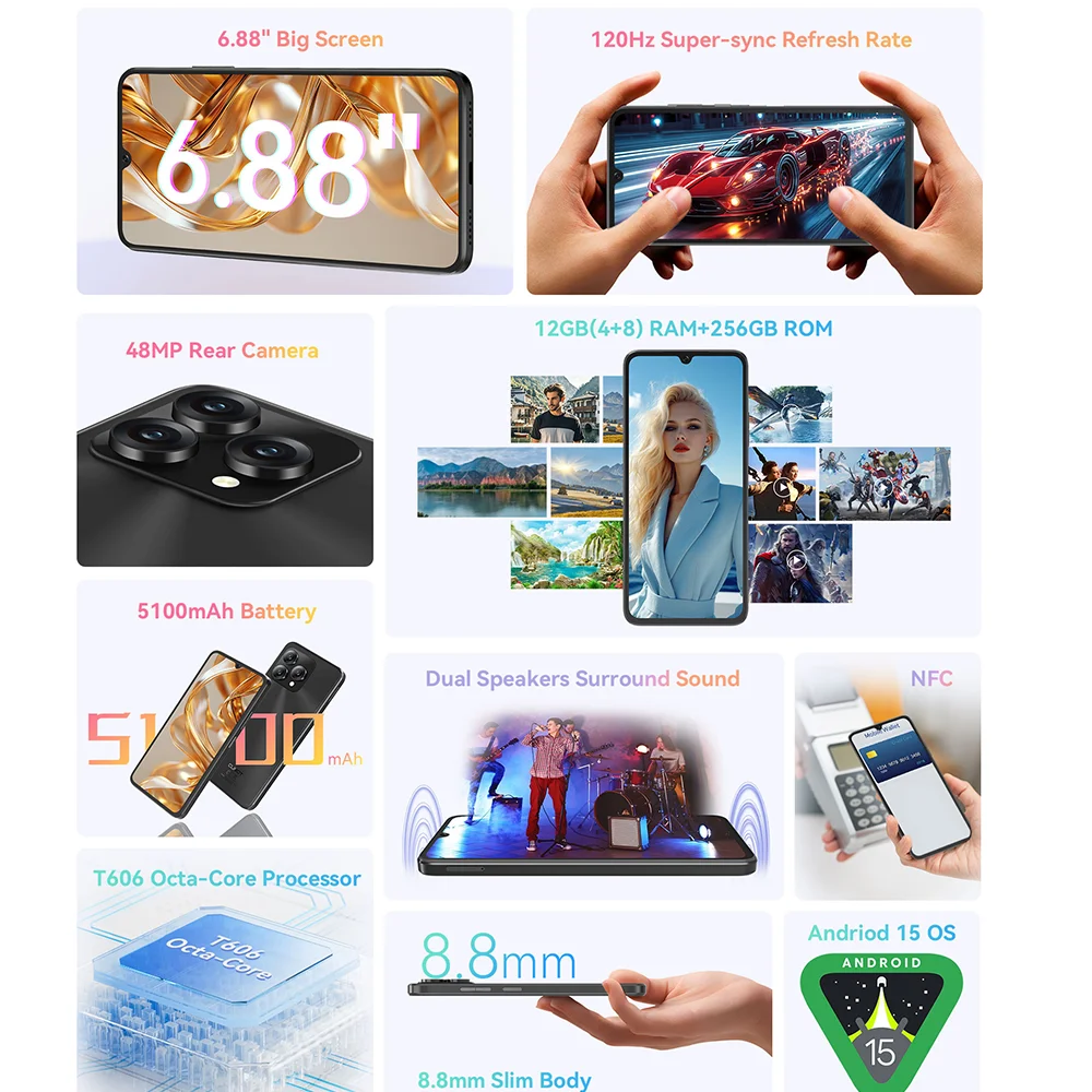 CUBOT A40 SmartPhone 6.88-inch 120Hz Display 48MP Main Camera 4GB RAM+256GB ROM 5100mAh Battery NFC ,Face ID 4G Android 15 Phone - Image 2