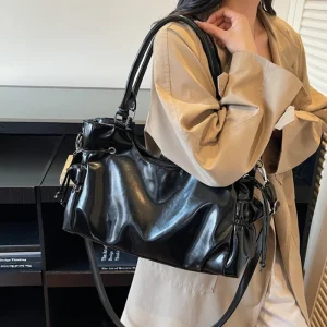 Y2k Retro Shoulder Bag Women Patent Motorcycle Crossbody Large Underarm Bag Side Pocket Drawstring Tote For Daily Commute Travel